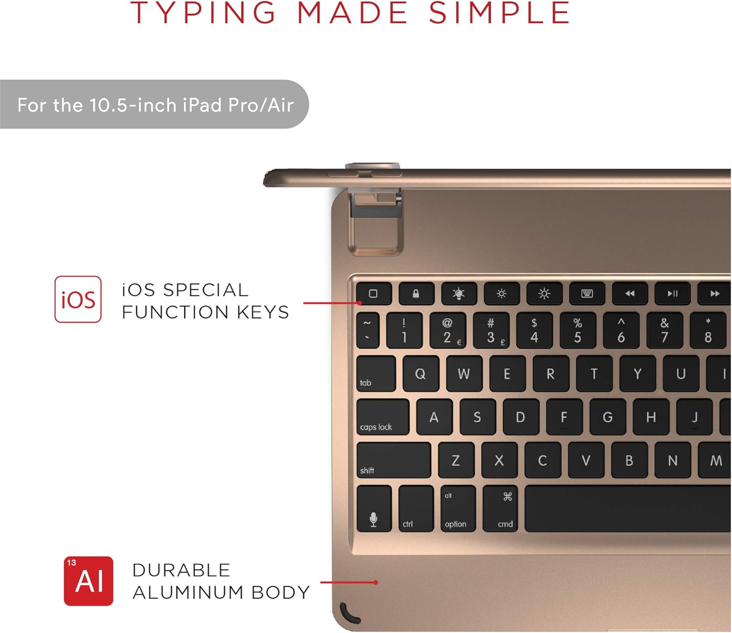 Brydge 10.5 Keyboard for iPad Pro 10.5-inch | Aluminum Bluetooth 4.2 Keyboard with Backlit Keys (Gold) Series II